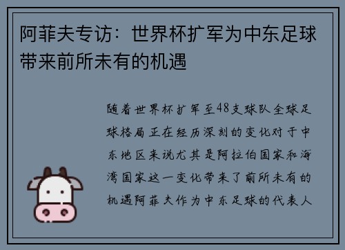 阿菲夫专访:世界杯扩军为中东足球带来前所未有的机遇 阿菲夫专访:世界杯扩军为中东足球带来前所未有的机遇